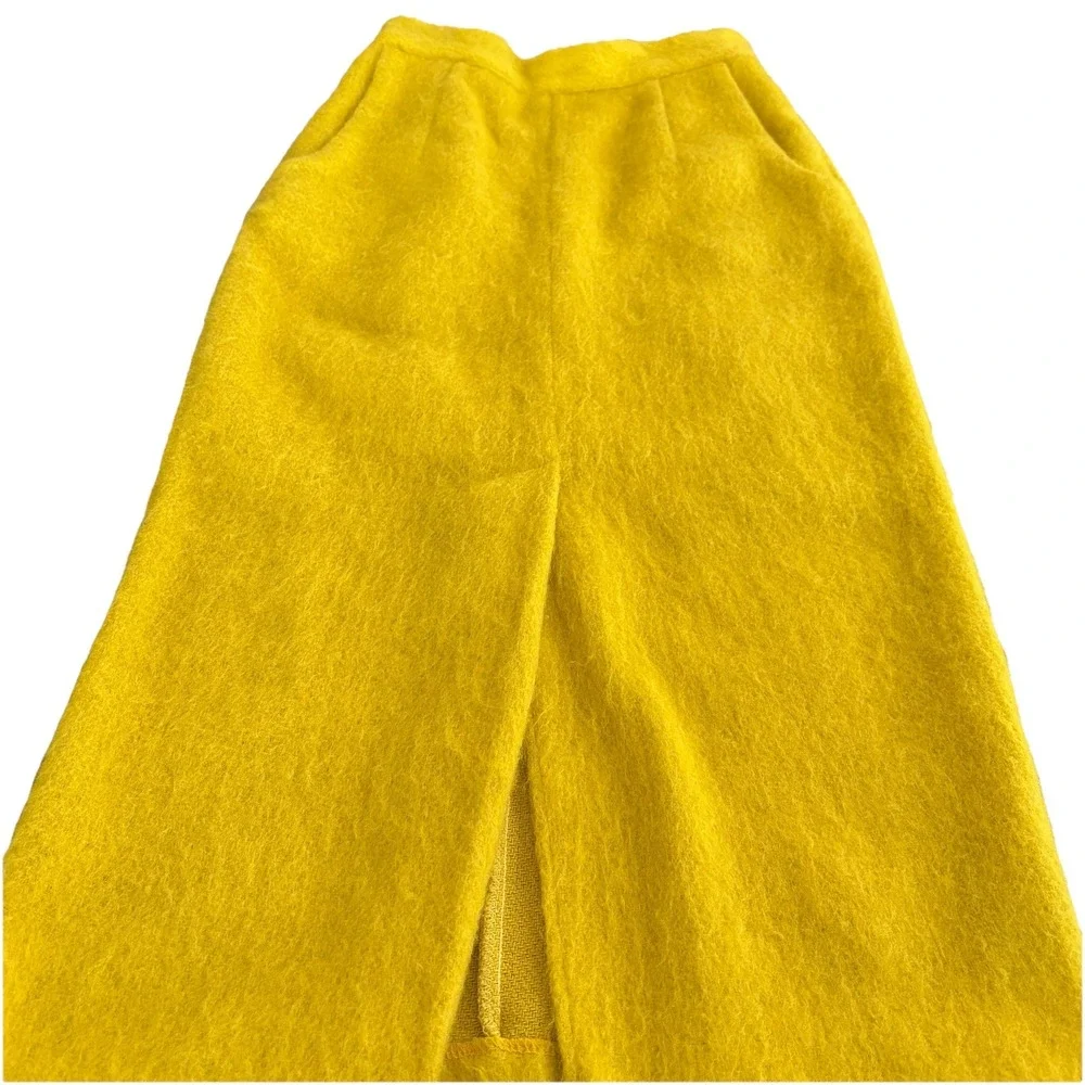 Korean Style Yellow Fuzzy Mohair Skirt Size XS Midi Pencil Skirt Pocket - Picture 2 of 9
